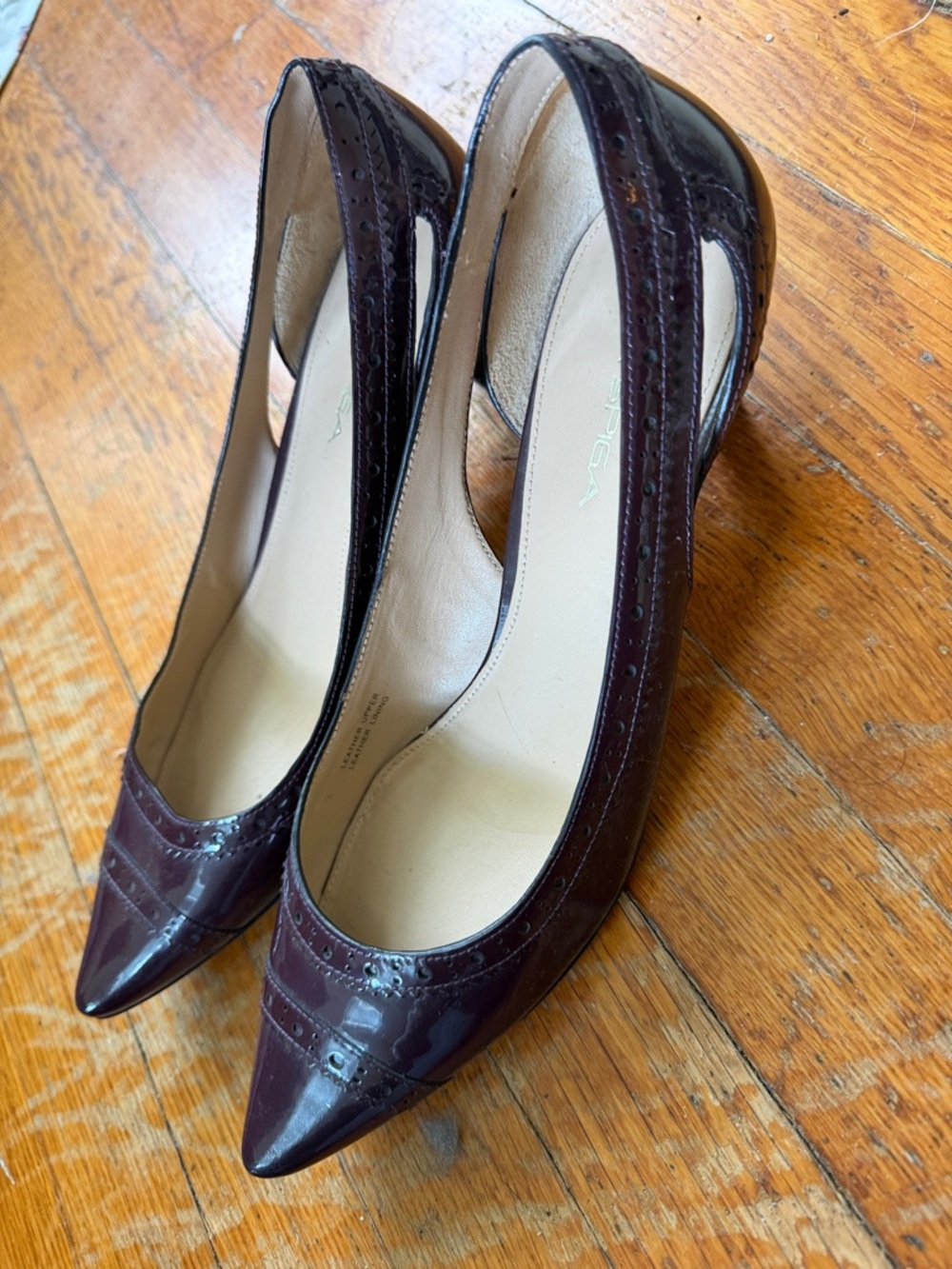 Via Spiga Patent Pointed Toe Pumps in Deep Burgundy